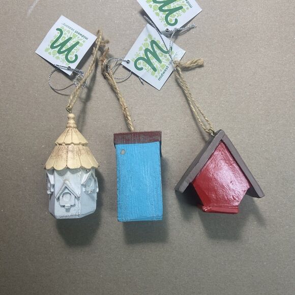 Midwest Ornaments Blue White Red  NWT Birdhouse Hanging Christmas  Lot of 3 - Picture 5 of 6